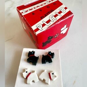 Vintage Avon 1990 Playful Plaid Scotty Dog Stud Earrings Set 2 Pairs NIB